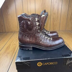 Caporicci Alligator Leather Hiking Boots Mens 9 Brown Made in Italy Art 570
